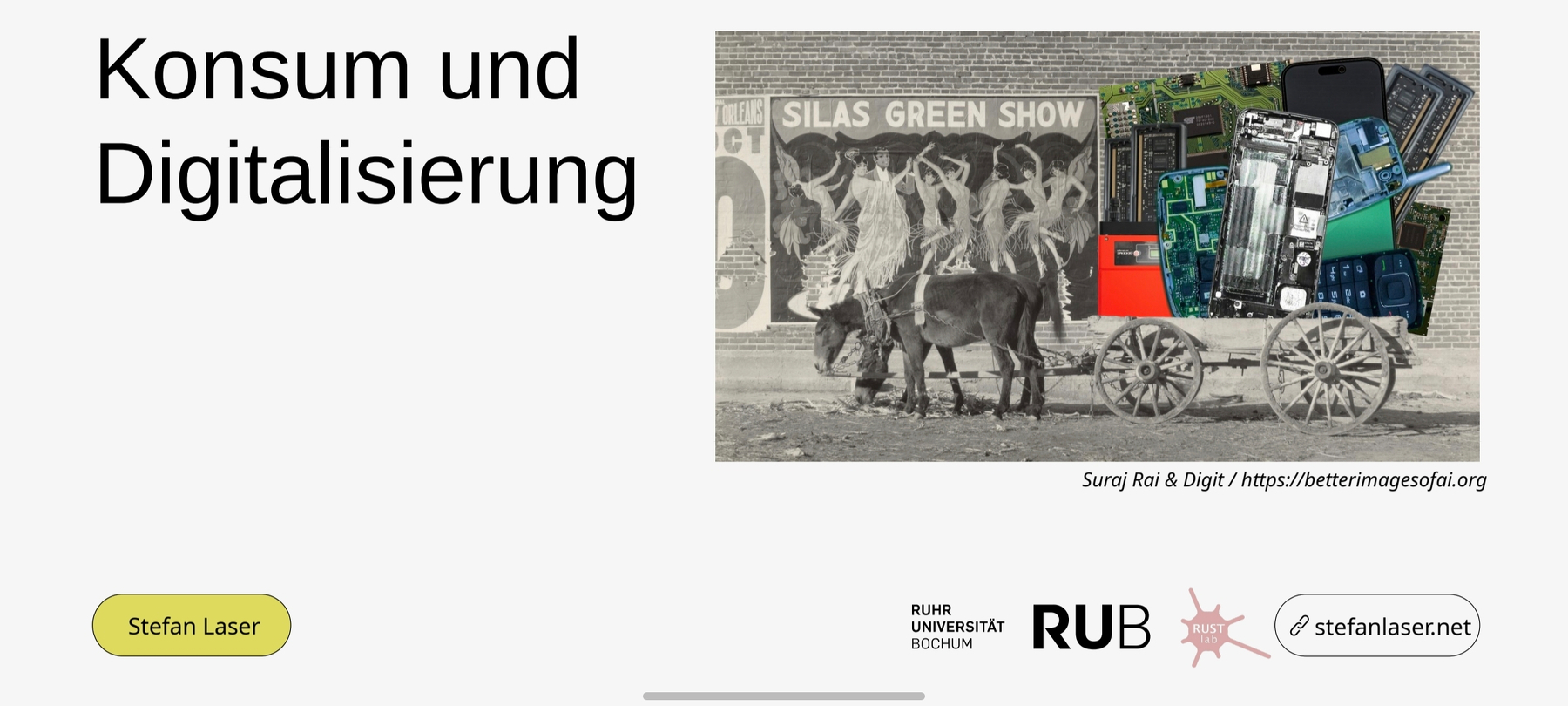 Die Titelfolie des Talks mit Kunst von betterimagesofai.com. Ein Esel zieht einen Karren voller (alter) elektronischer Geräte. Im Hintergrund, alles außer die Devices sind in Sepia gehalten, ist ein Großplakat mit Silas Green Show als Titel zu sehen. Digitale Technologie ist viel Show um wenig Fortschritt.