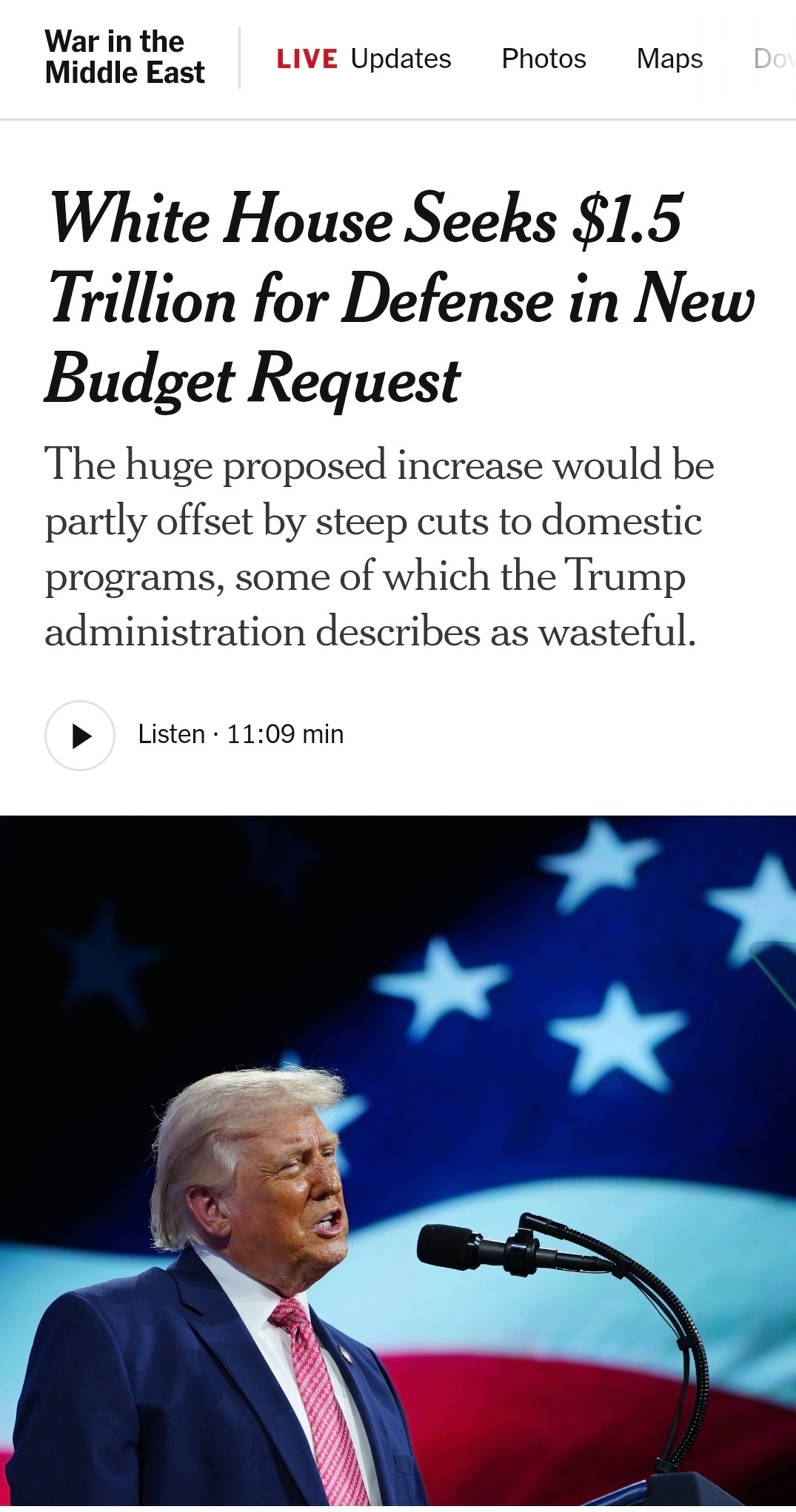 Snapshot of New York times article titled "White House Seeks 1.5Trillion for Defense in New Budget Request". It also calls out dubious waste somewhere else, of course, devaluing all things non-gold real estate 