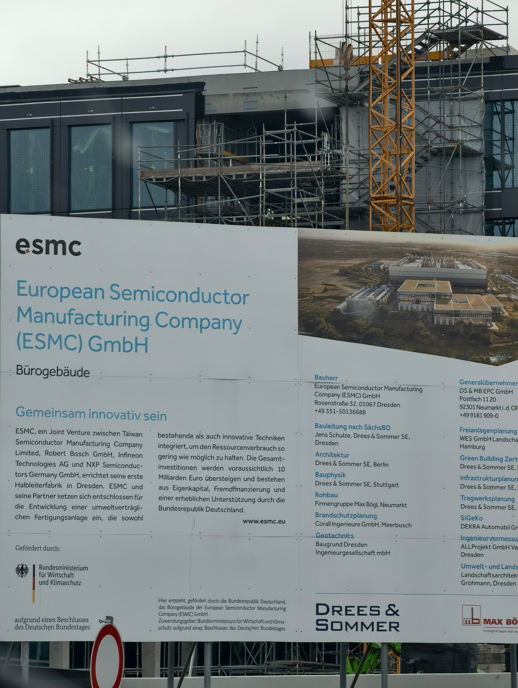 Entry sign in front of the #semiconductor fab construction, explaining the funding in goals 