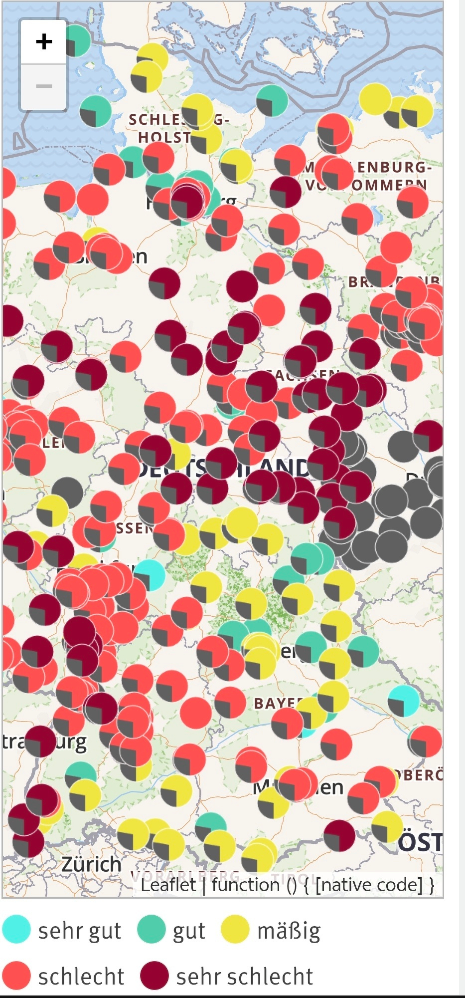 Screenshot Umweltbundesamt: lots of "very bad" air in central Germany, lots of bad air around and only some mediocre one in the south 