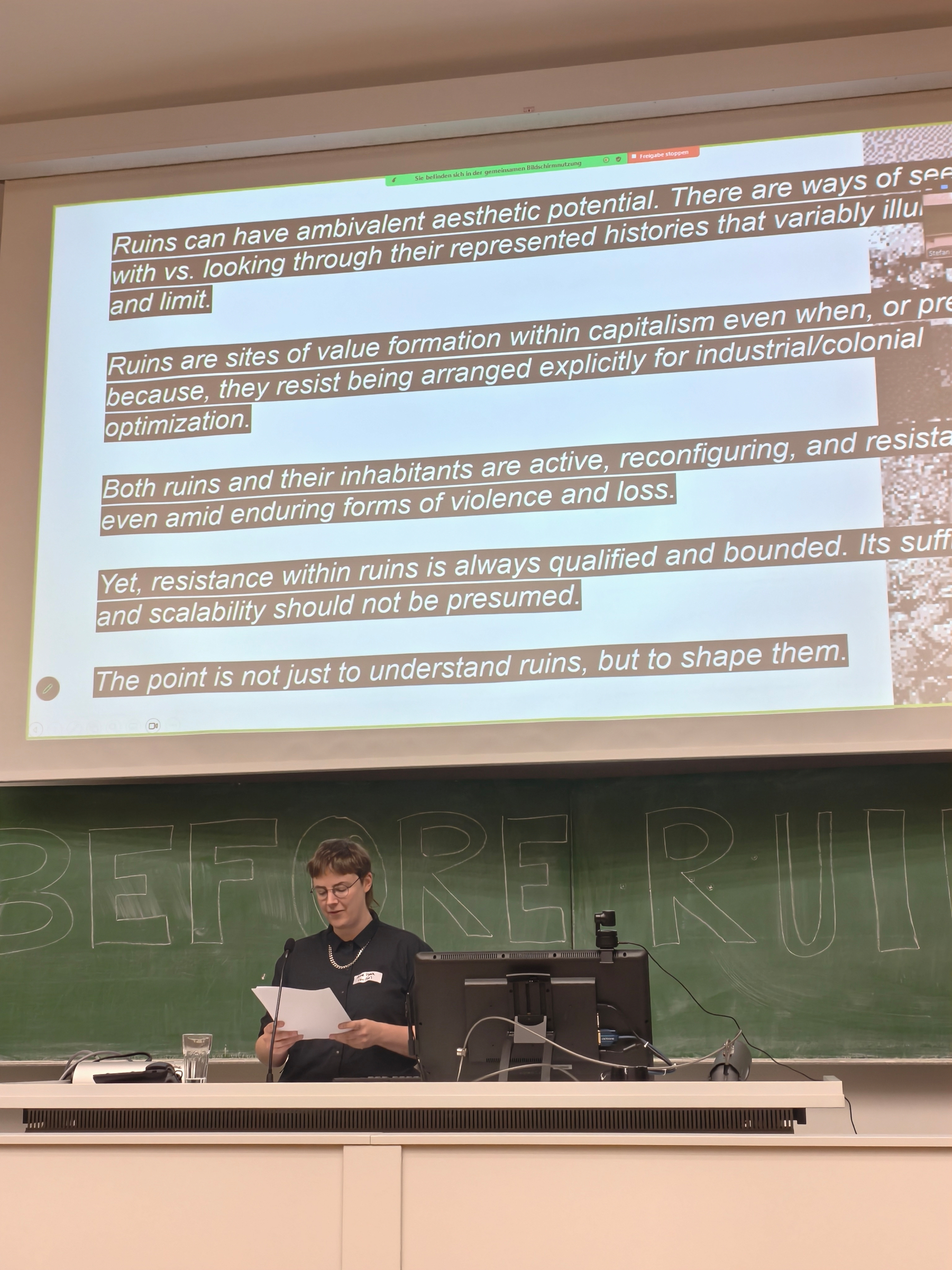 A screenshot of a slideshow with the key arguments of Anne's talk, something to be published later