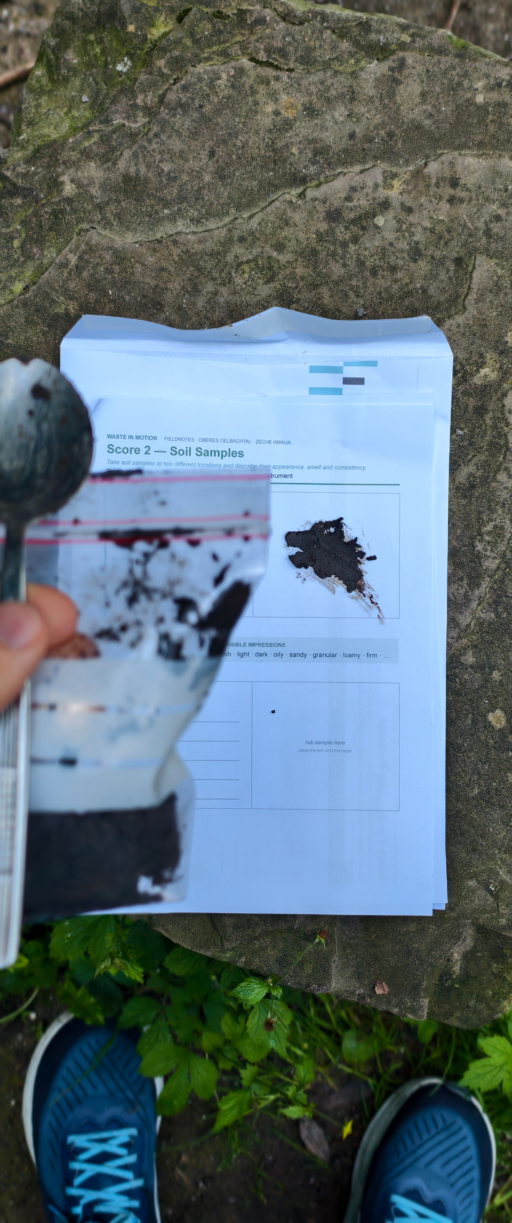 As part of one excursion, we embarked on our own sensing experience. Here, looking for industrial pollution that is the hidden backdrop of a nature reserve. You see soil samples and a paper protocol