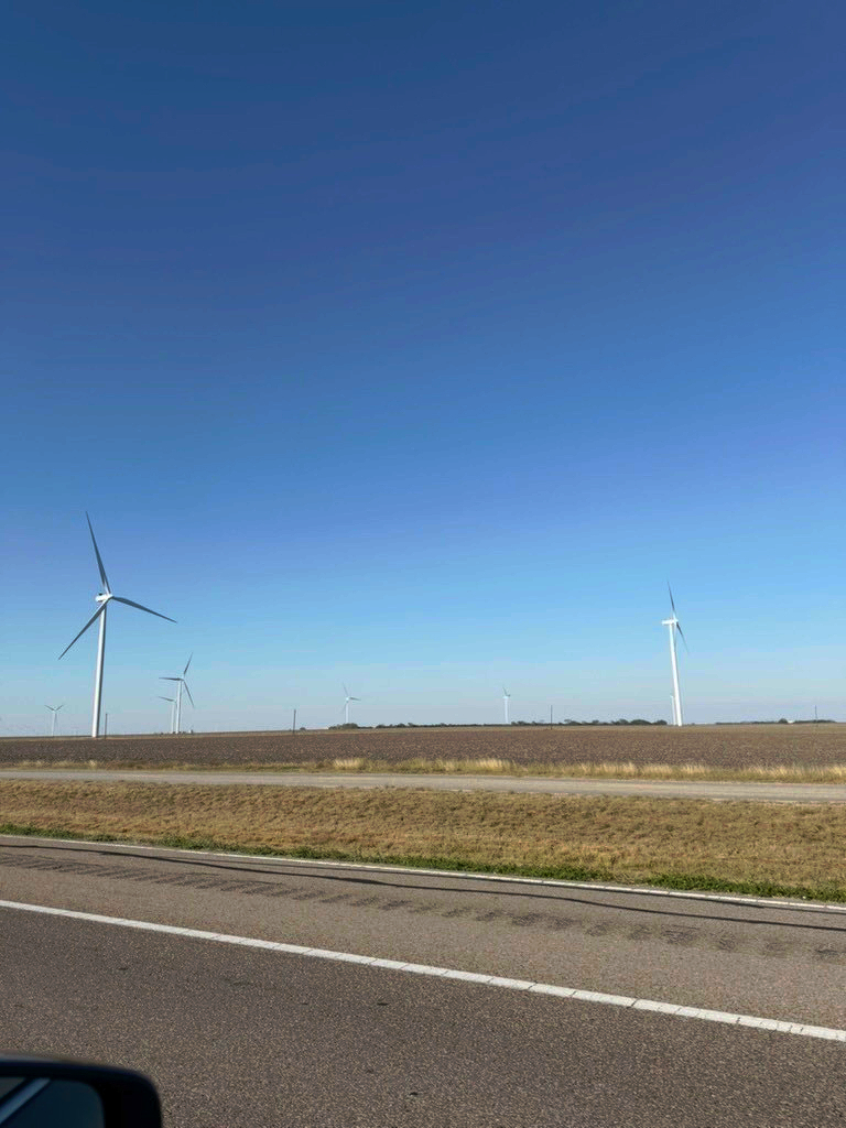 A landscape features several wind turbines scattered across a flat, open field under a clear blue sky, viewed from a roadside.