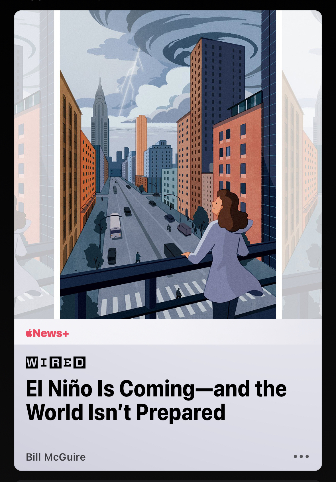 Screenshot of Wired article on Apple News. Headline is "El Niño is coming and the world isn't prepared."