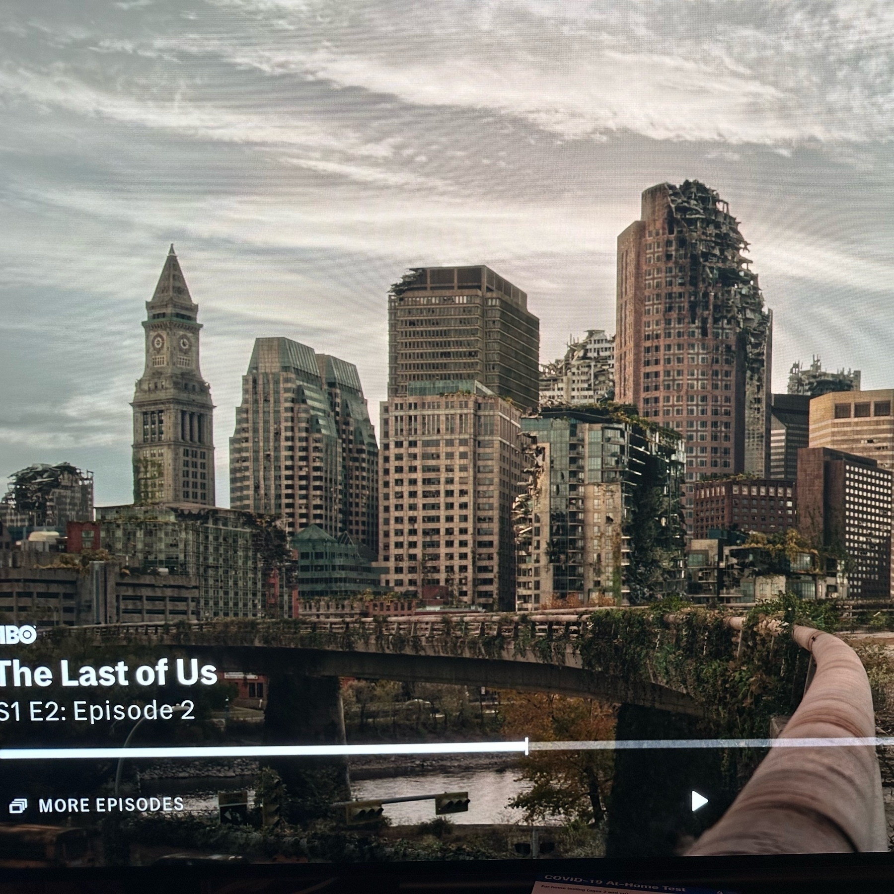 Screenshot of the terribly mangled Boston skyline from The Last of Us tv show. 