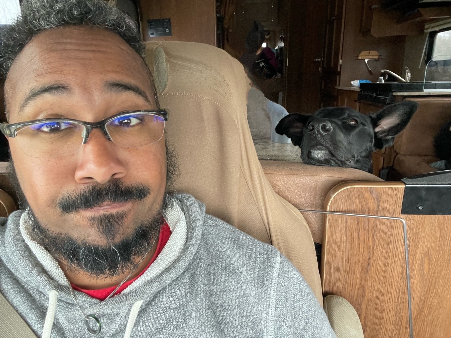 A man with glasses is seated in the front of a vehicle, with a black dog peeking over the seat.