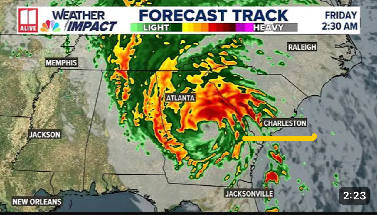 A weather map shows an impending tropical storm system over the southeastern United States, with heavy rain impacting areas including Atlanta and Charleston.