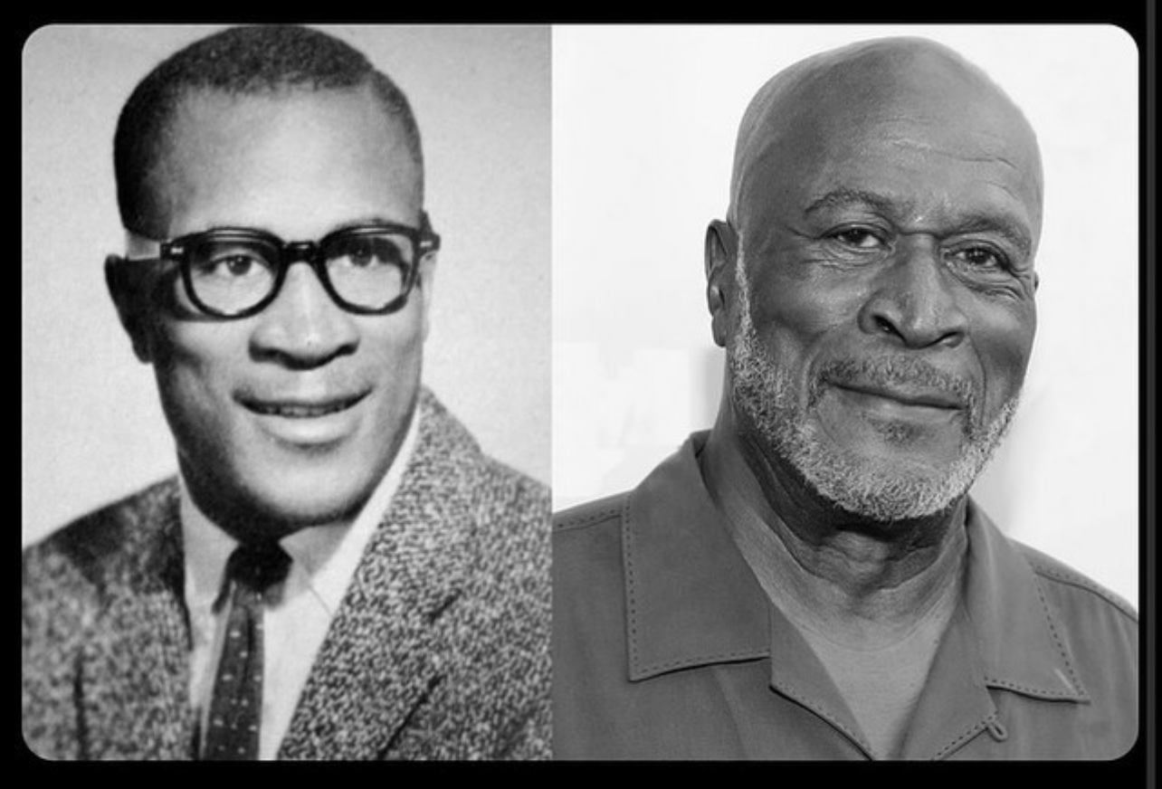 Two black and white portraits show the John Amos at different ages, one in his younger years and one older.