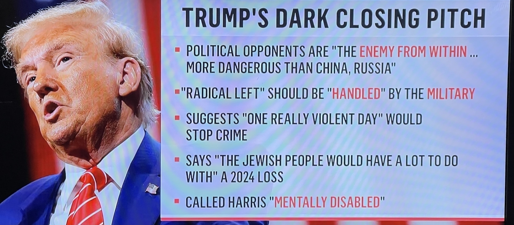 An image shows a list of controversial political statements attributed to Trump, accompanied by a photo of him.&10;&10;TRUMP'S DARK CLOSING PITCH&10;• POLITICAL OPPONENTS ARE "THE ENEMY FROM WITHIN ...&10;MORE DANGEROUS THAN CHINA, RUSSIA"&10;• "RADICAL LEFT" SHOULD BE "HANDLED" BY THE MILITARY&10;SUGGESTS "ONE REALLY VIOLENT DAY" WOULD&10;STOP CRIME&10;• SAYS "THE JEWISH PEOPLE WOULD HAVE A LOT TO DO WITH" A 2024 LOSS&10;• CALLED HARRIS "MENTALLY DISABLED"