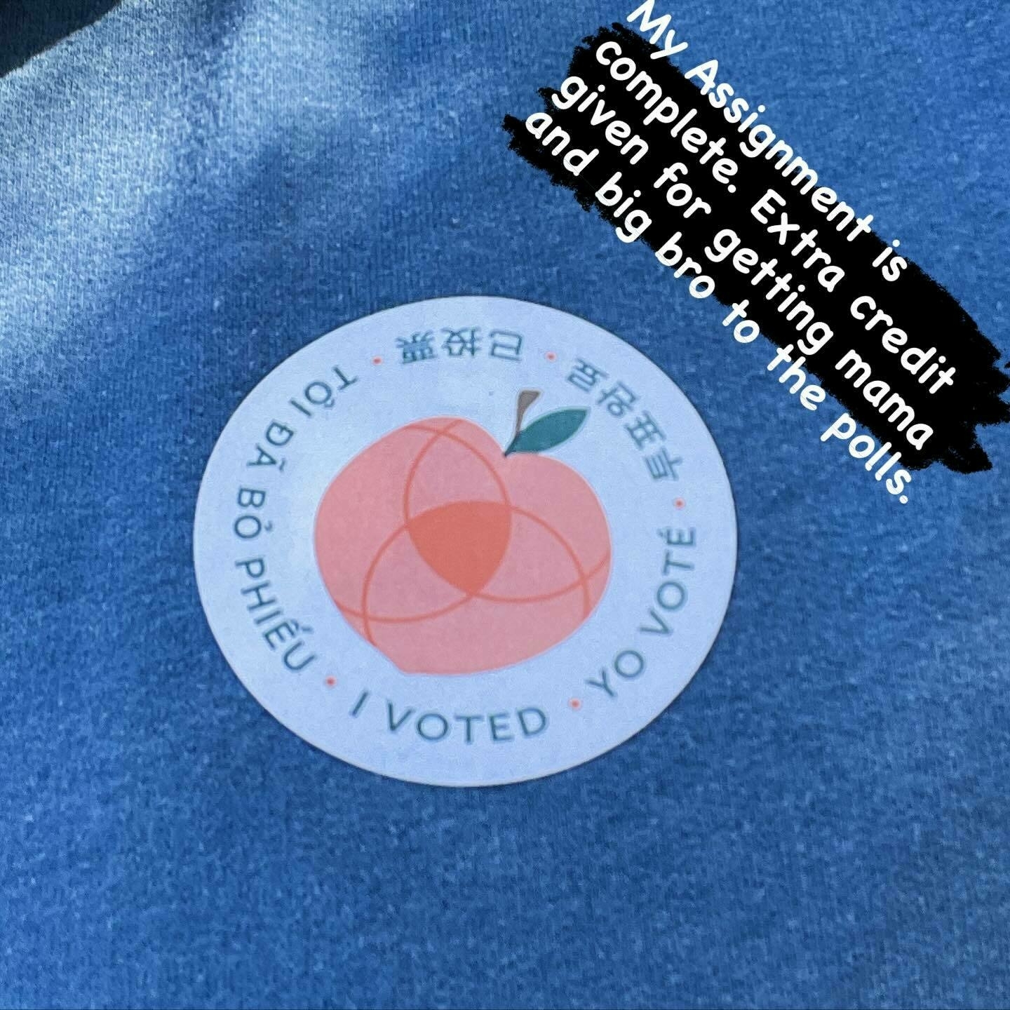 A sticker displaying "I Voted" in multiple languages features a peach design on a blue fabric background, accompanied by a message about completing an assignment with extra credit for encouraging family members to vote.