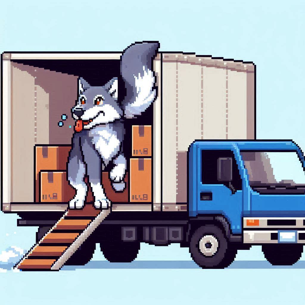 8-bit pixel draing of a wolf inside a moving truck trailer with cardboard boxes and a stepladder to get inside. Generated by AI