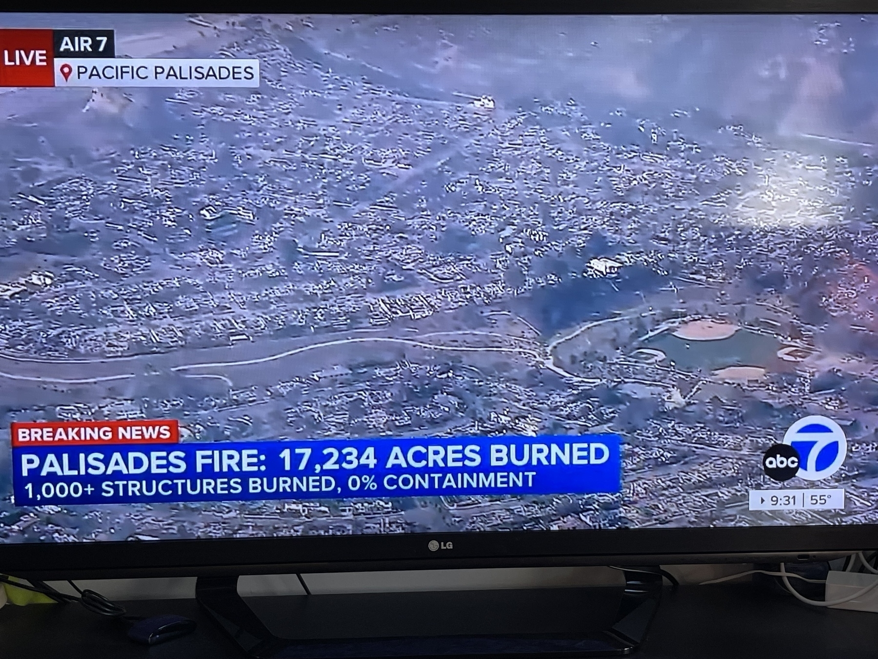 A television screen displays a live aerial news broadcast from Air 7 over Pacific Palisades. The image shows a vast area affected by the Palisades Fire, with numerous structures visibly damaged or destroyed. The on-screen text reads: 'BREAKING NEWS: PALISADES FIRE: 17,234 ACRES BURNED, 1,000+ STRUCTURES BURNED, 0% CONTAINMENT.' The broadcast is from ABC 7, and the time displayed is 9:31 with a temperature of 55°F.&10;&10;Let me know if you need any adjustments!