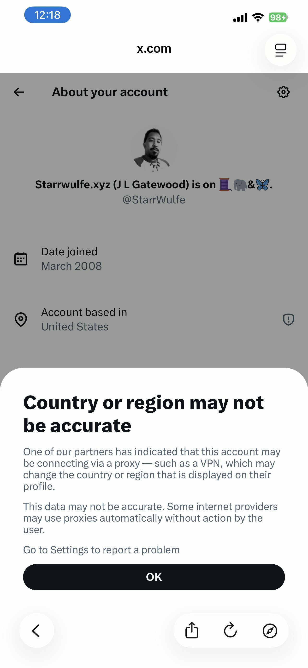 An account profile information page from a social media platform is displayed, highlighting the account details and a notification about possible inaccuracies regarding the user's location.