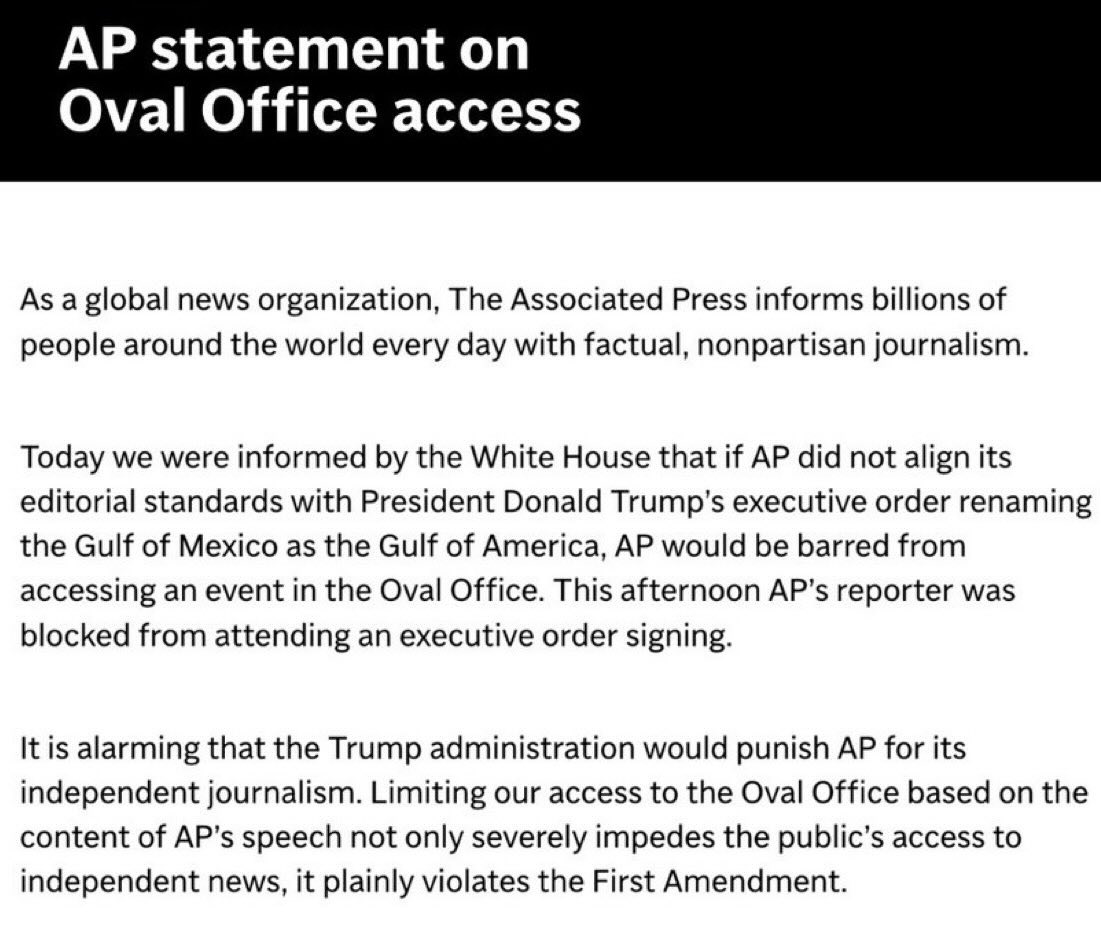 A statement from the Associated Press addresses restricted Oval Office access due to editorial disagreements with the Trump administration.