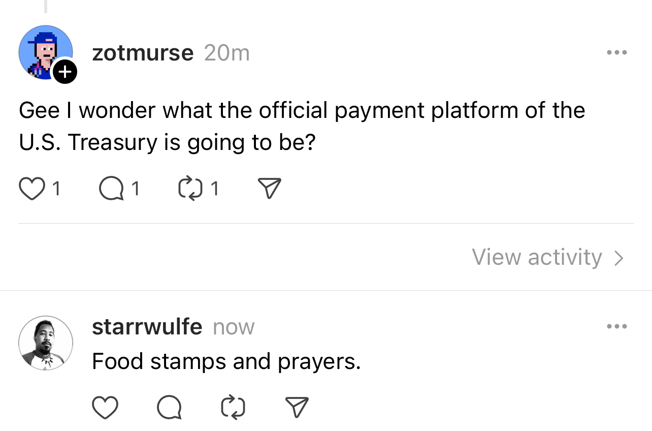 Two social media comments discussing the official payment platform of the U.S. Treasury, with a sarcastic reply mentioning food stamps and prayers.