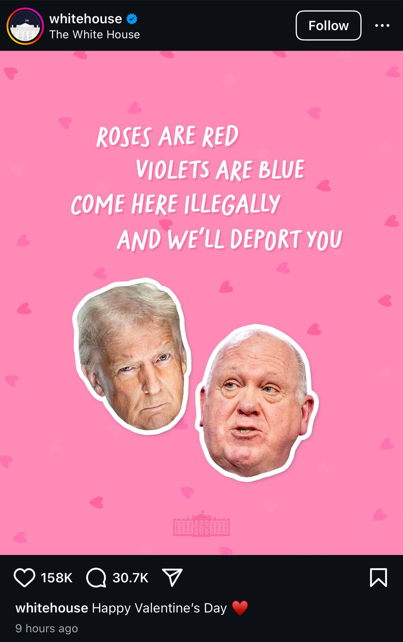 A pink Valentine's Day-themed image features humorous looking text with the ominous message: roses are red and violets are blue. Come here illegally and we’ll deport you. With cutouts of Trump and some other d¡¢khead’s faces.