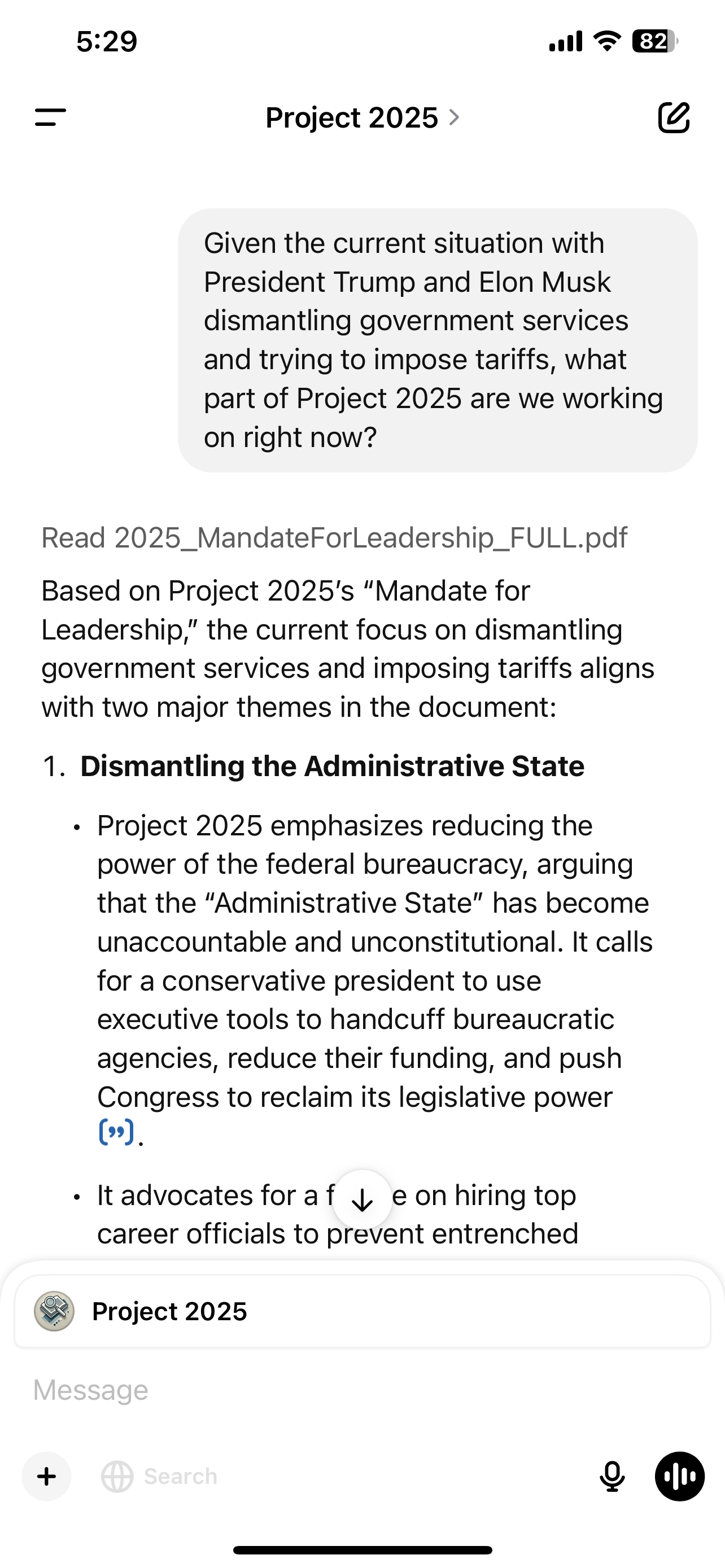 A phone screen displays a message about dismantling government services and imposing tariffs, with a focus on a Project 2025 document discussing the "Administrative State."