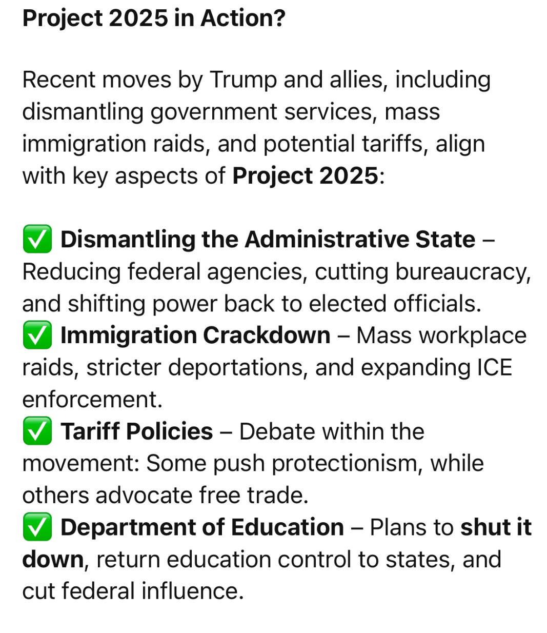 Text outlines key aspects of Project 2025, including dismantling government services, immigration crackdowns, tariff policies, and shutting down the Department of Education.