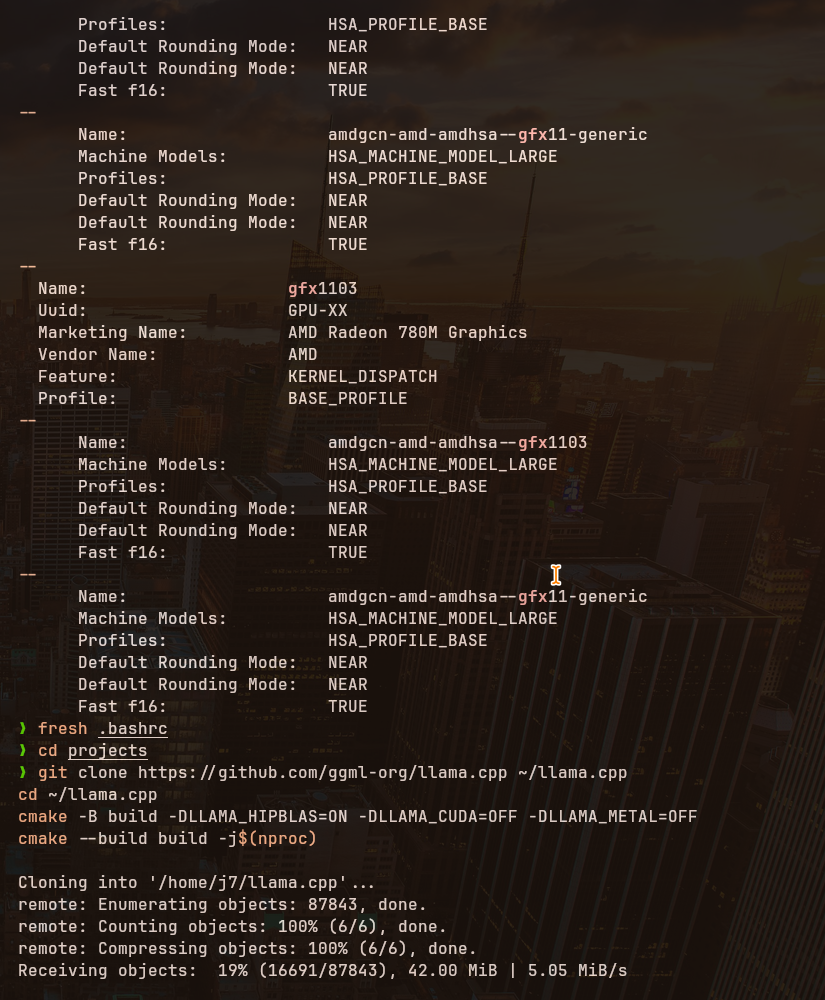 Auto-generated description: A computer terminal displays system information for an AMD Ryzen processor and graphic card, along with a build progress using CMake, against a cityscape background.