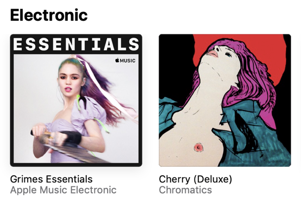 Screenshot of Electronic section in Apple Music showing album covers, including Cherry by Chromatics, which depicts a drawing of a woman with her breast exposed