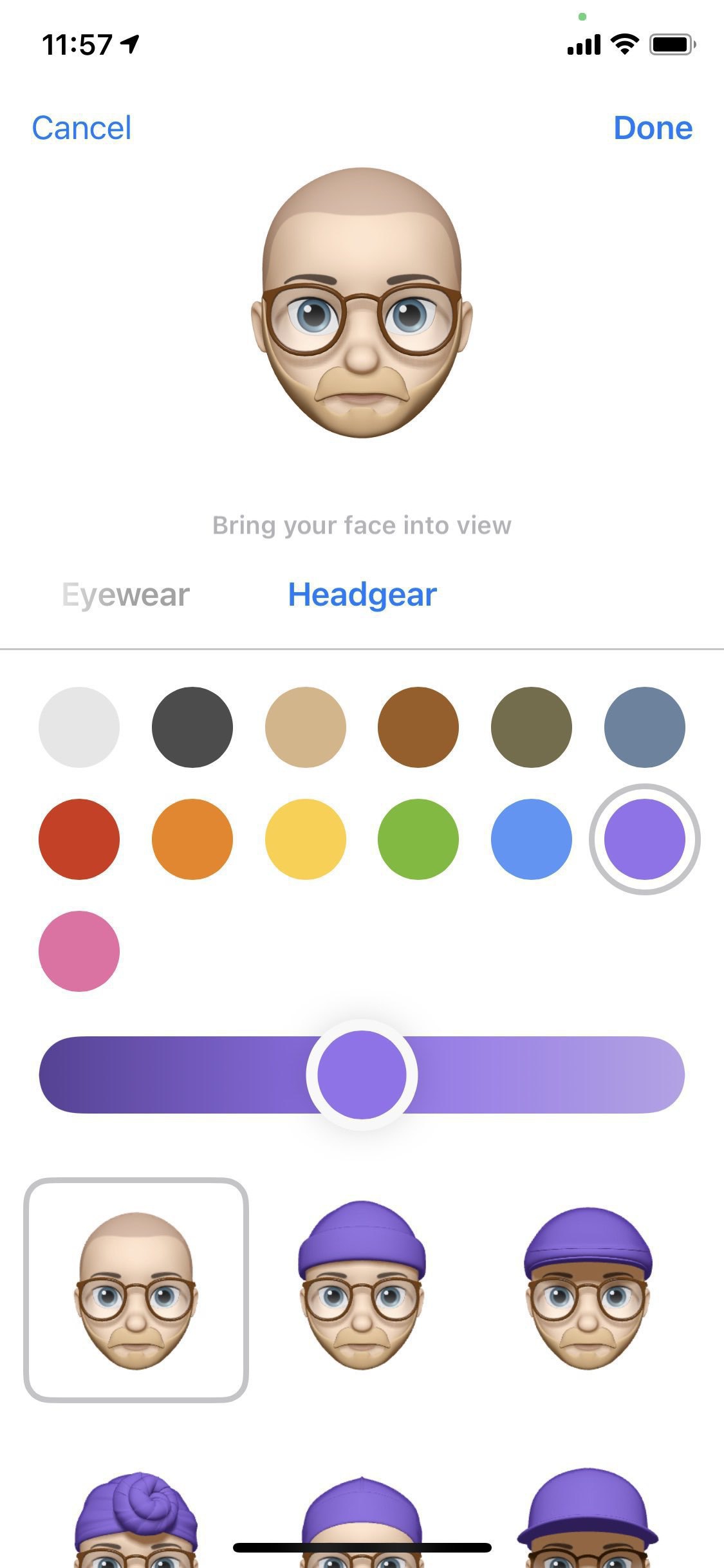Screenshot of Memoji editor to change color of headgear