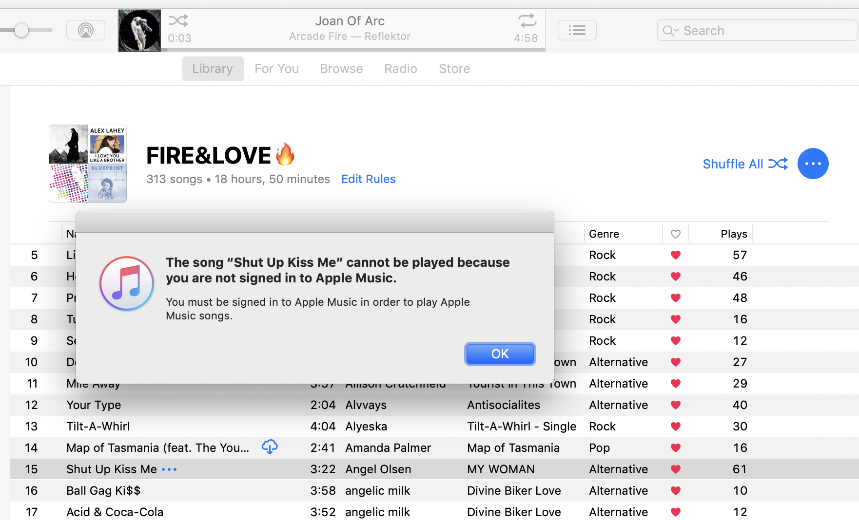 Screenshot of iTunes showing an Intelligent Playlist and an error message saying 'The song Shut Up, Kiss Me cannot be played because you are not signed in Apple Music'