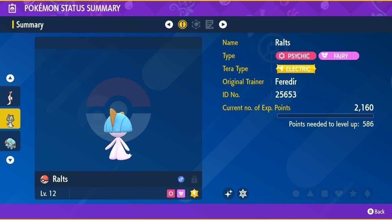 Screenshot of Pokémon Violet showing a shiny Ralts
