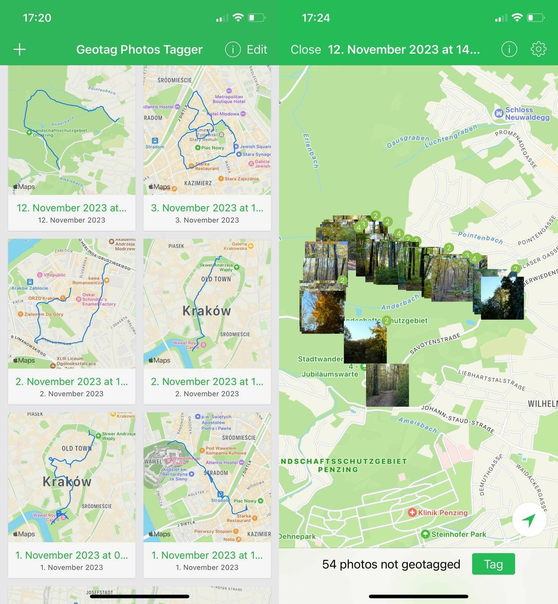 Left side shows a screenshot of Geotag Photos Tagger app which shows a grid of tiles, each tile shows a map of the route and name and date; the right side shows the details of the route with the mapped photos overlayed the route and at the bottom it says 54 photos not geotagged and a green Tag button