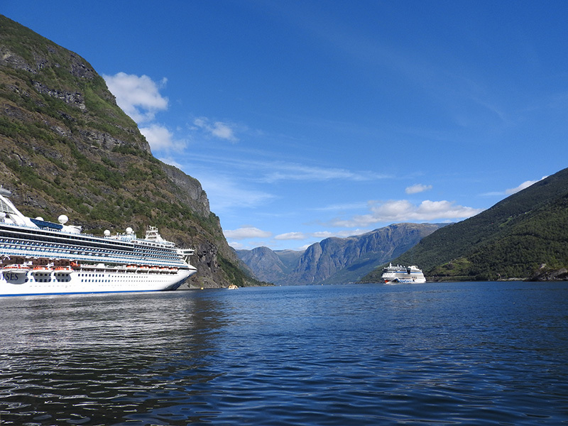 Norway scenery with 2 Cruise Ships in the Distance