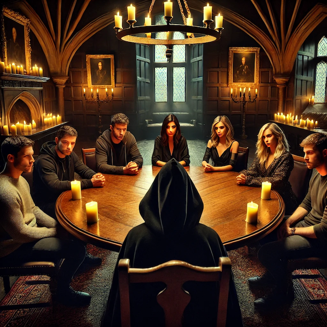 Auto-generated description: AI Generated. A group of people dressed in dark clothing sit around a large candlelit round table in a dimly lit, gothic-style room.