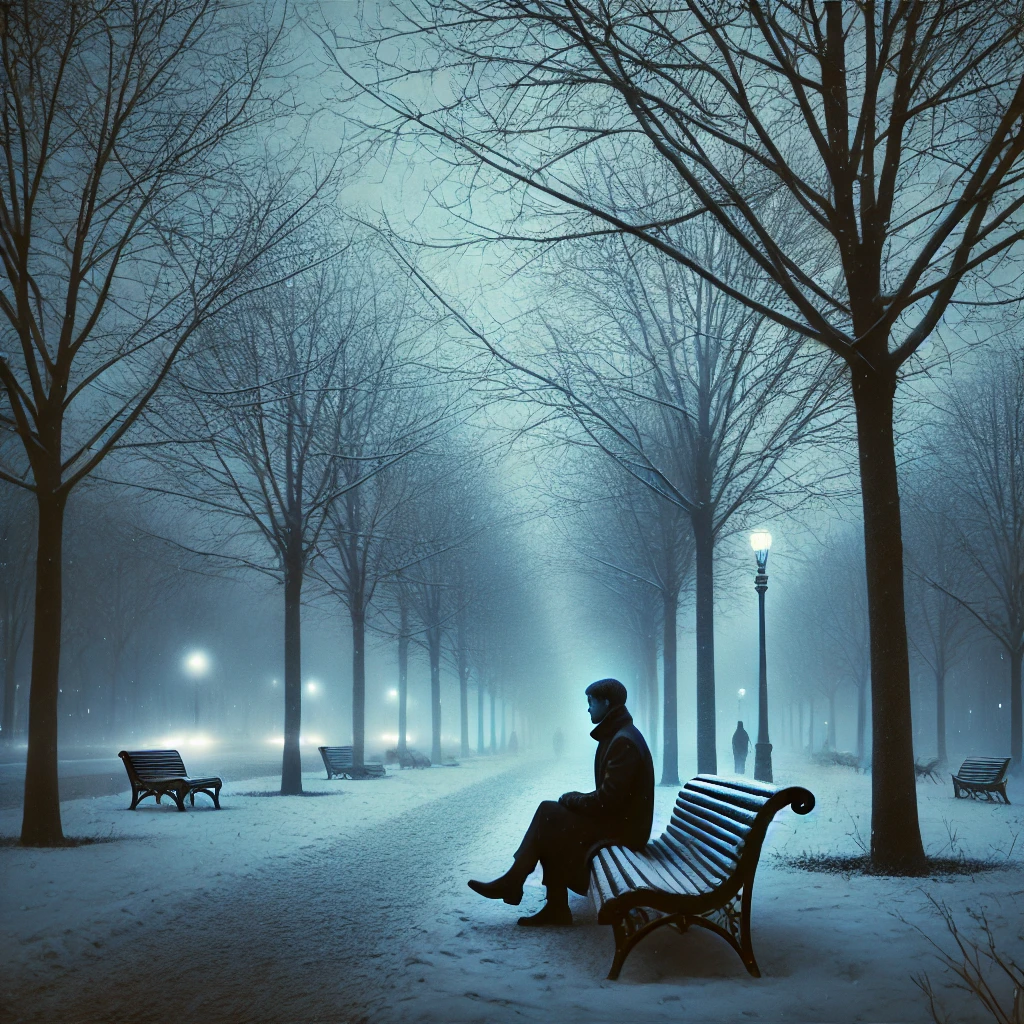 AI generated image to represent Blue Monday. A solitary figure sits on a bench in a foggy, dimly-lit park lined with bare trees and illuminated by streetlights.