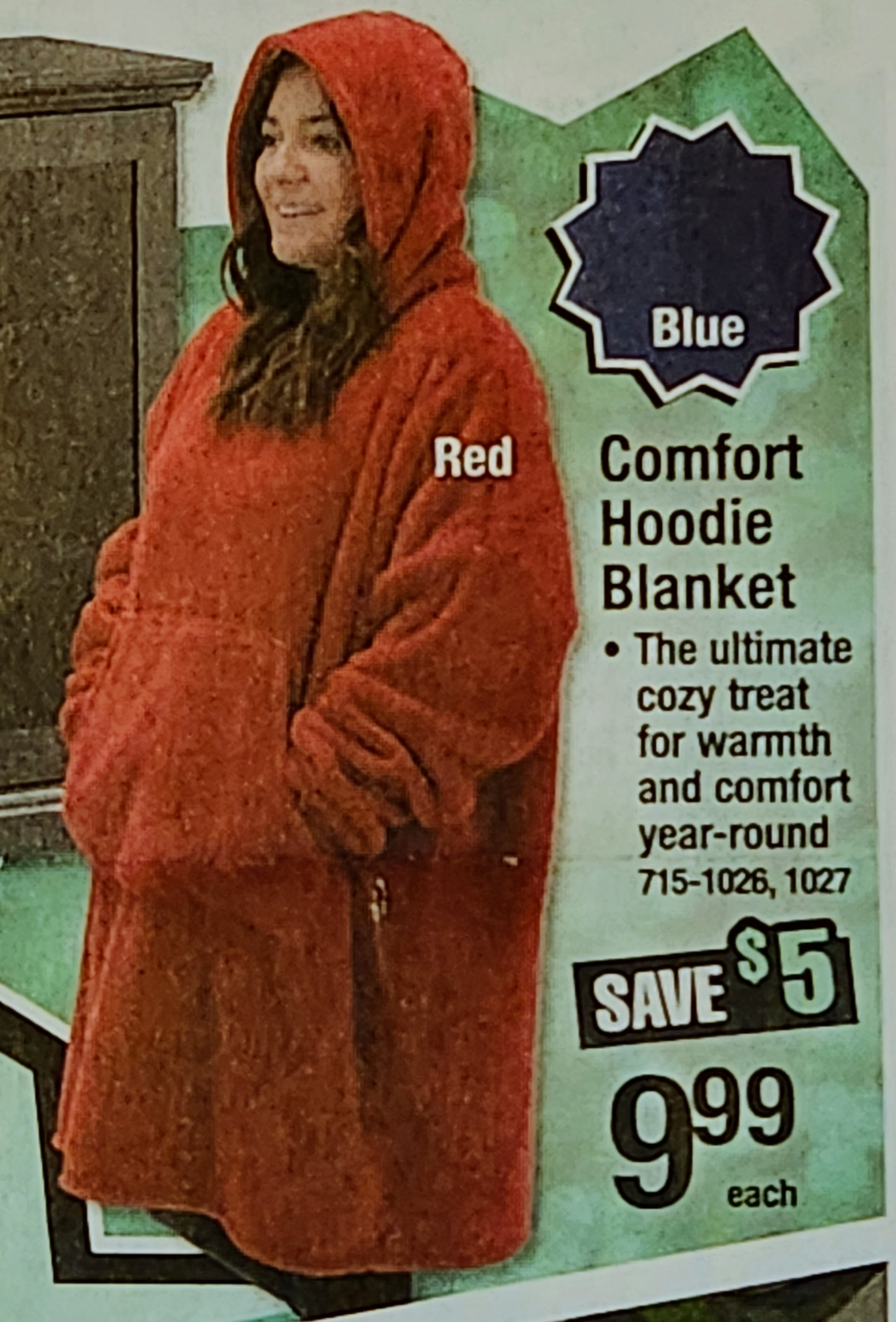 Newspaper ad clipping of a woman cloaked in a Red Comfort Hoodie Blanket priced Save $5 @ 9.99