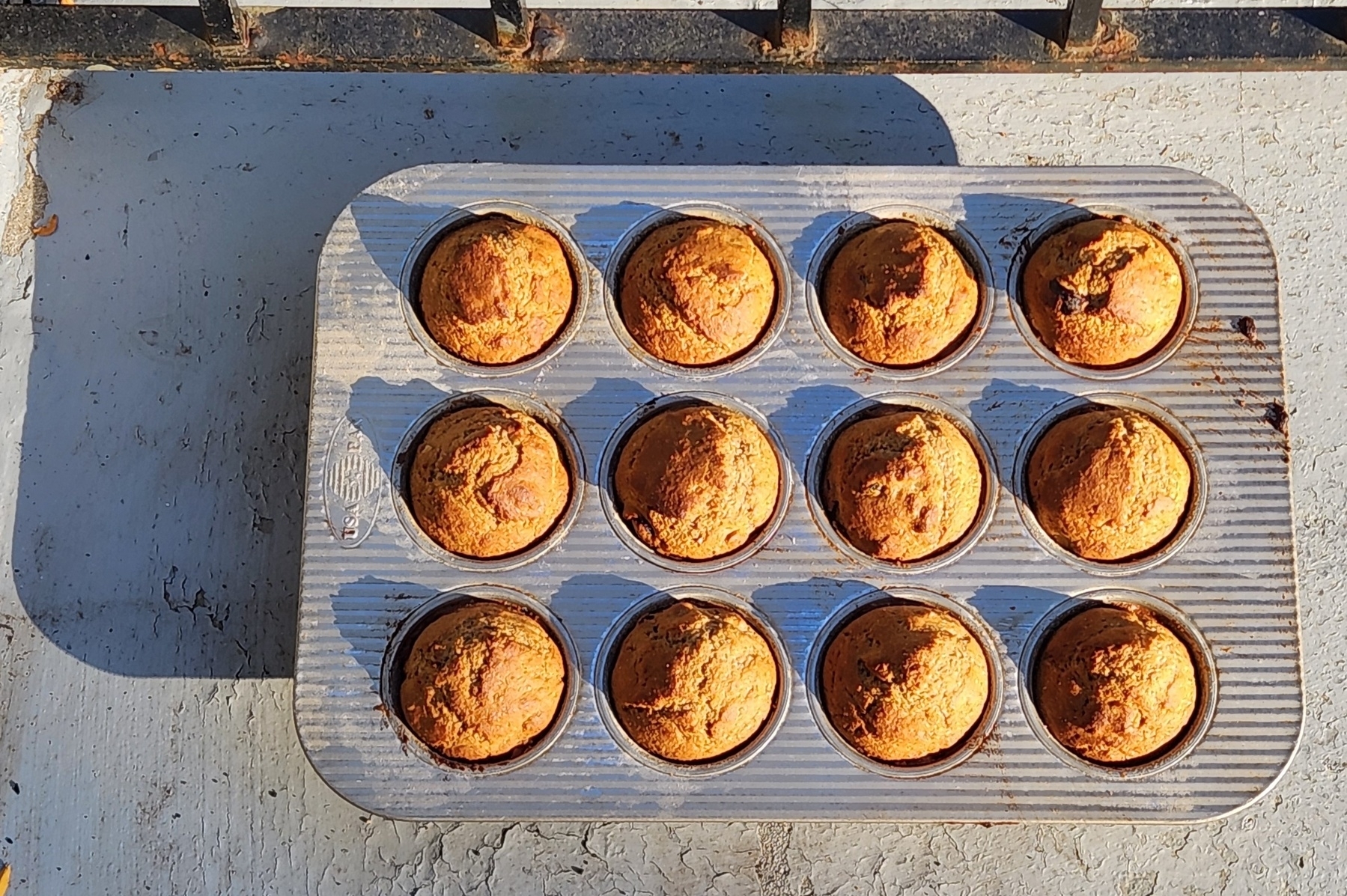 Baking pan with a dozen golden brown muffins against a gray sunlit background.