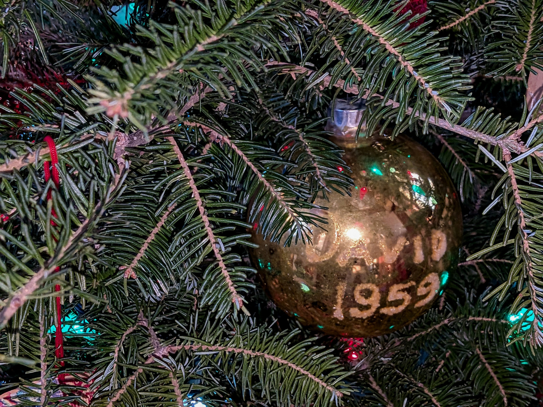 Christmas tree closeup of branches with a large gold ball ornament with DAVID 1959 written in white glitter.