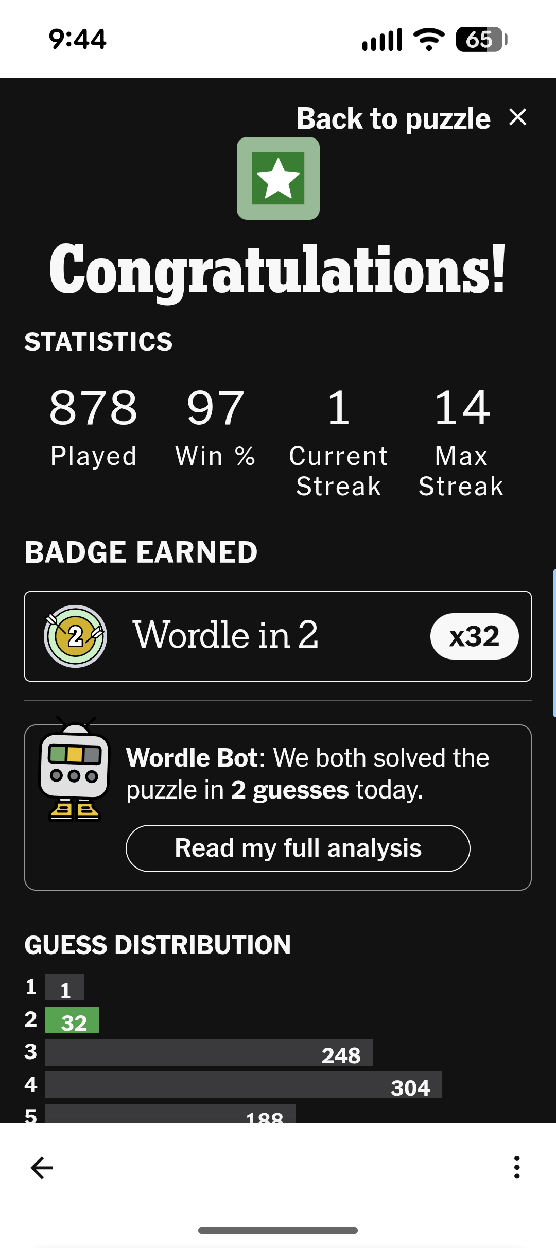 Congratulations!&10;(section of scores &:stats)&10;Badge Earned&10;Wordle in 2&10;Wordle Bot: We both solved the puzzle in 2 guesses today.&10;Read my full analysis.