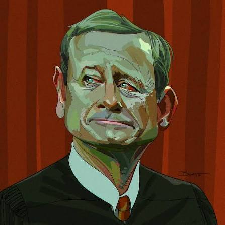 Caricature portrait of suited man John Roberts with greenish complexion and smirk.