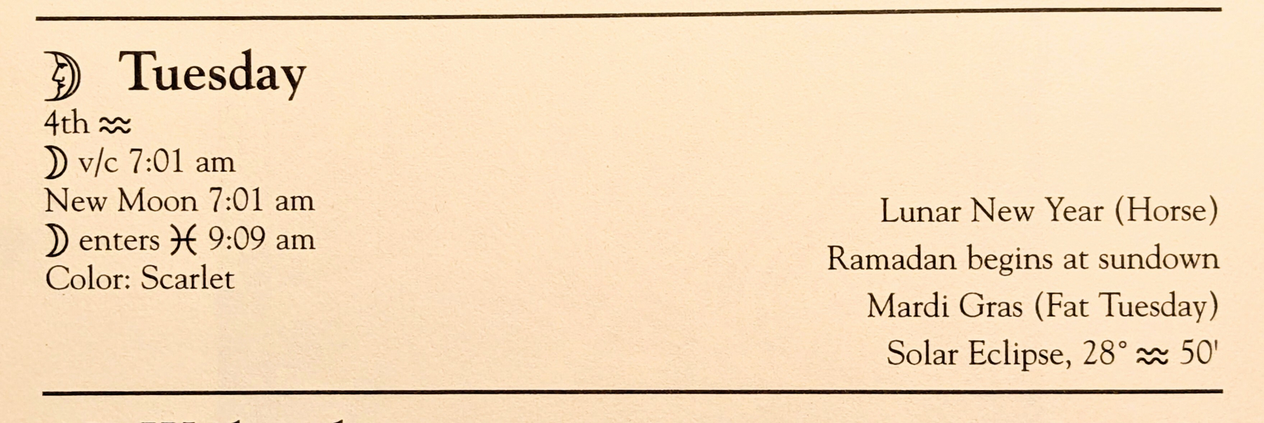 Calendar for Tuesday (February 17, 2026) with astrological & holiday details as in accompanying text &10;Source: Llewellyn's Witches Datebook 2026)