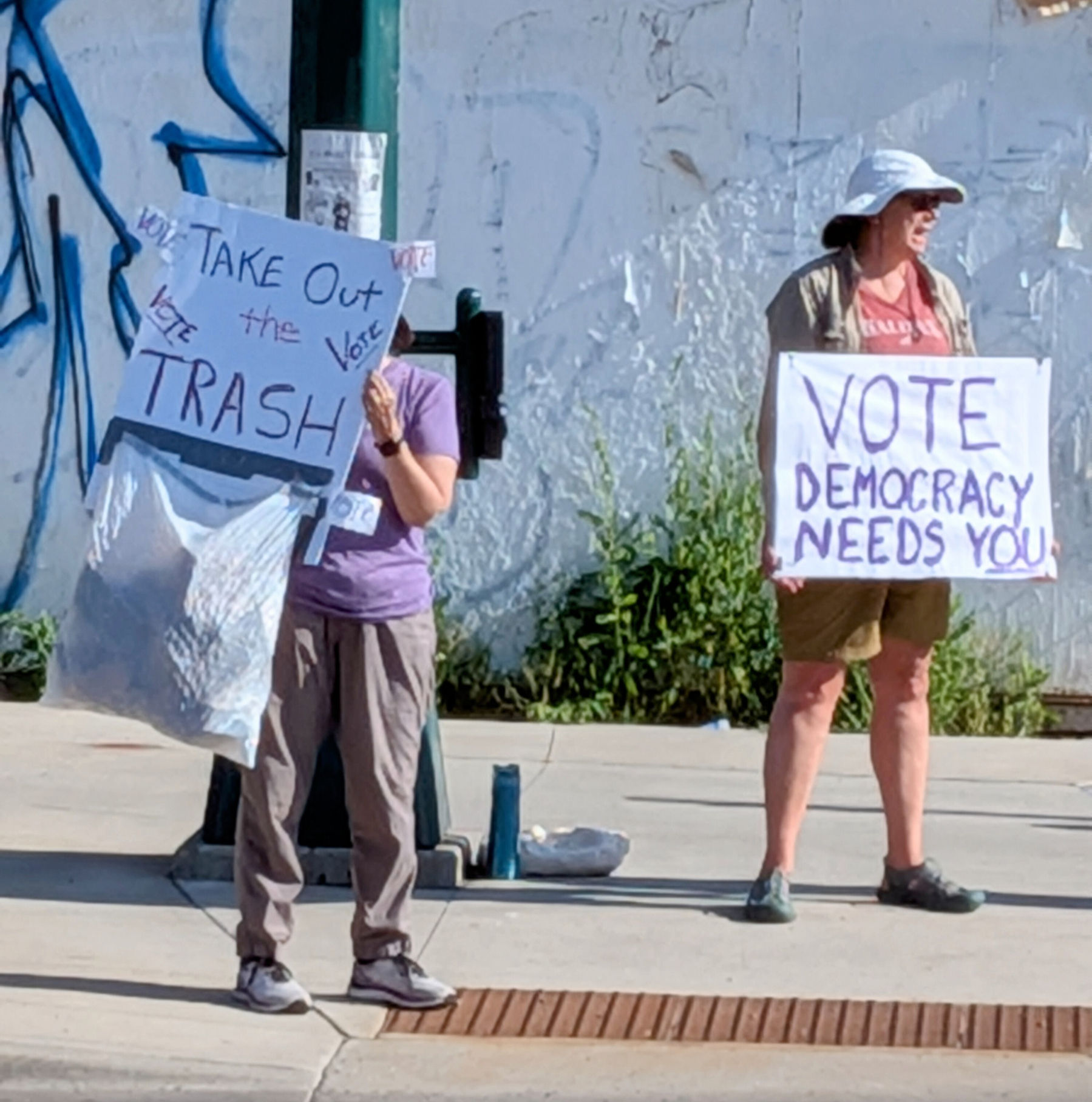 Two people holding protest signs;&10;Take Out the Trash — Vote&10;VOTE — Democracy Needs You