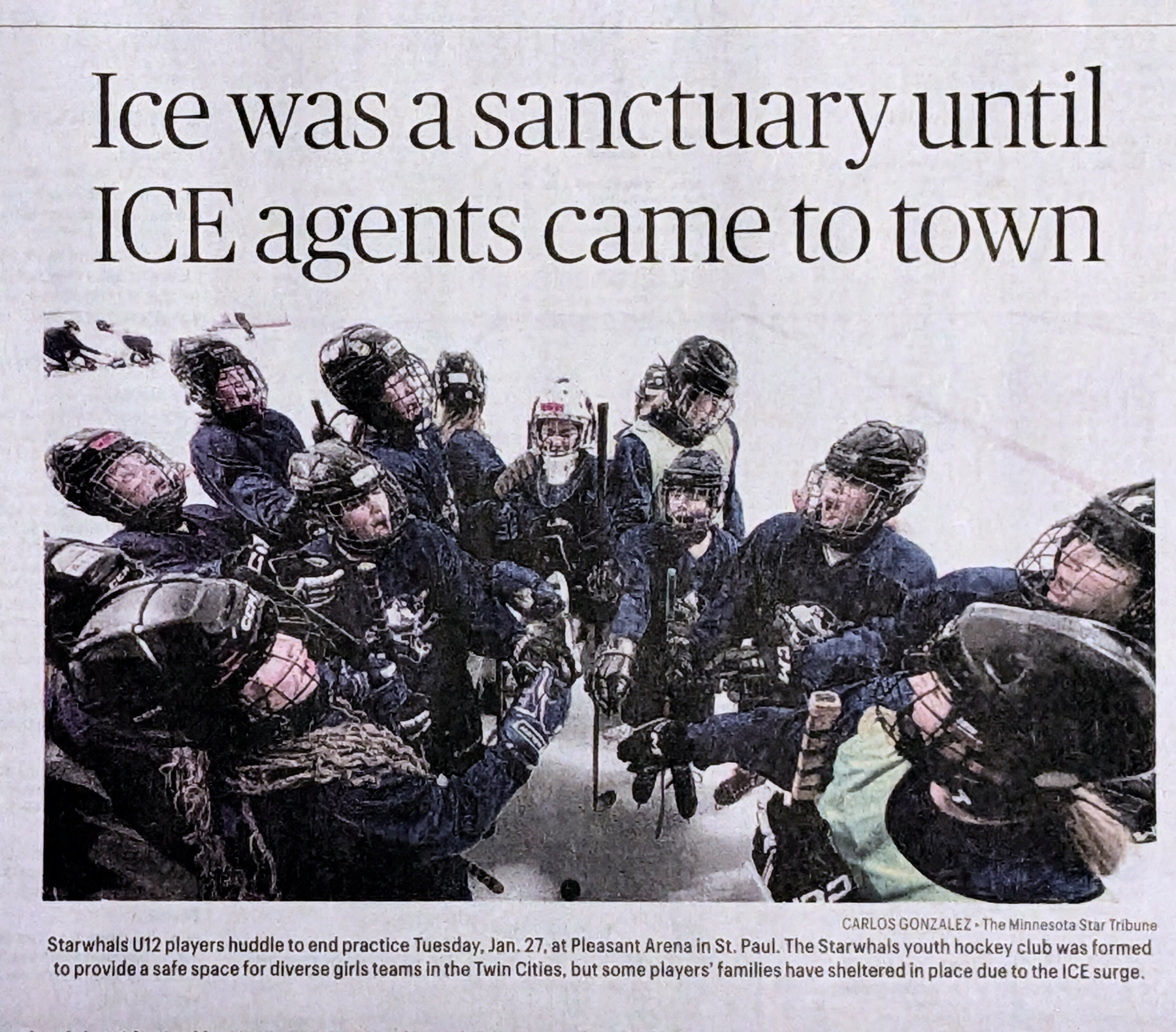 Newspaper clipping with photo of youth hockey players and headline: Ice was a sanctuary until ICE agents came to town 