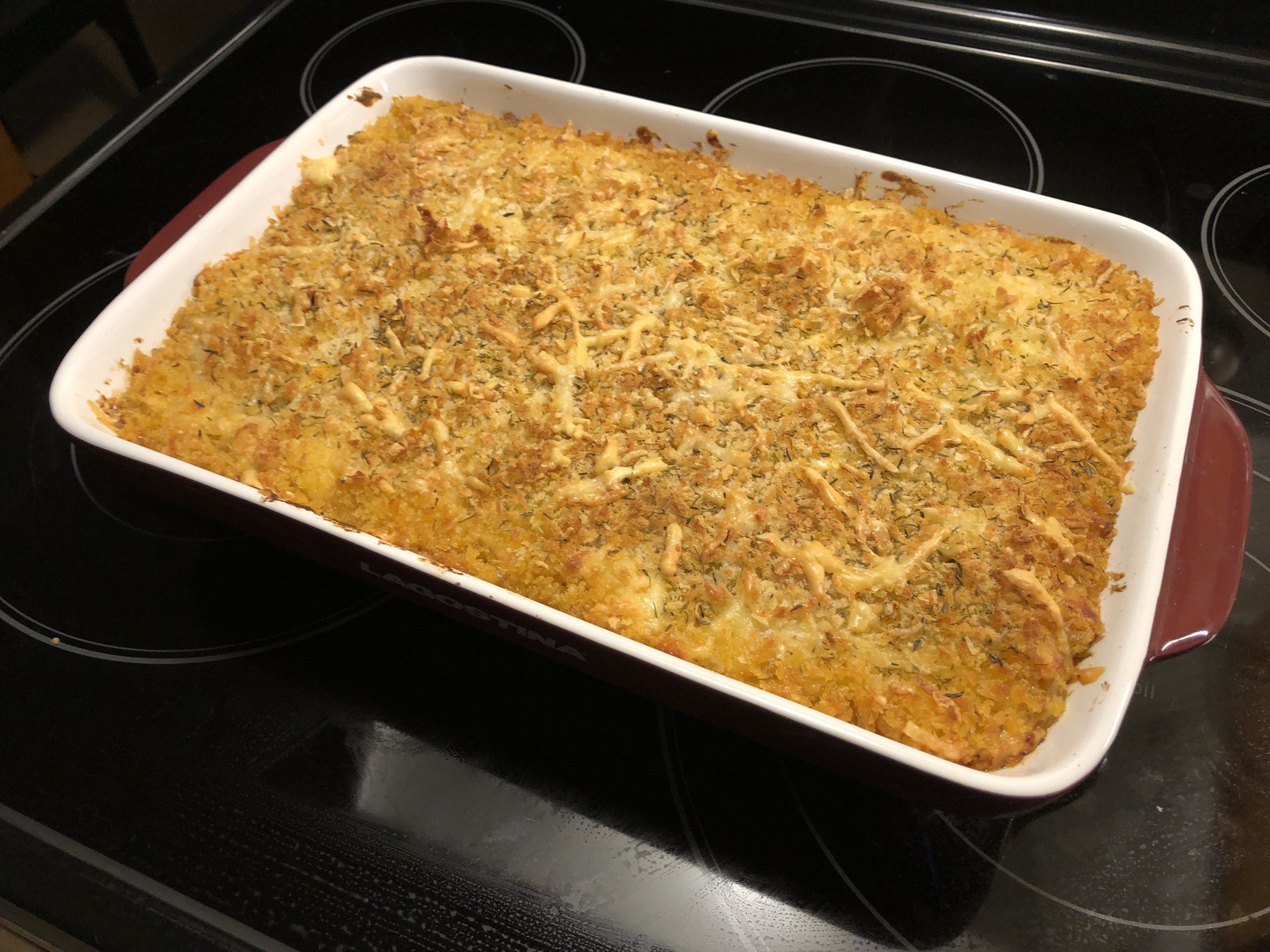 baked macaroni and cheese on stove