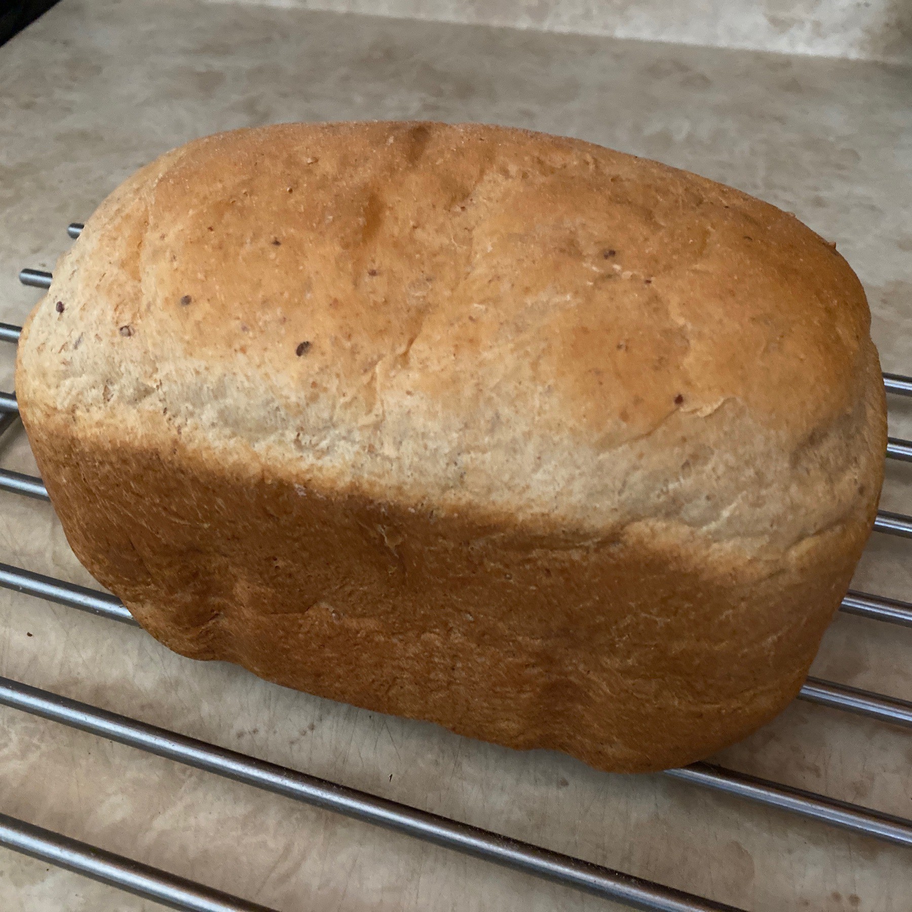 Loaf of bread cooling on rack.