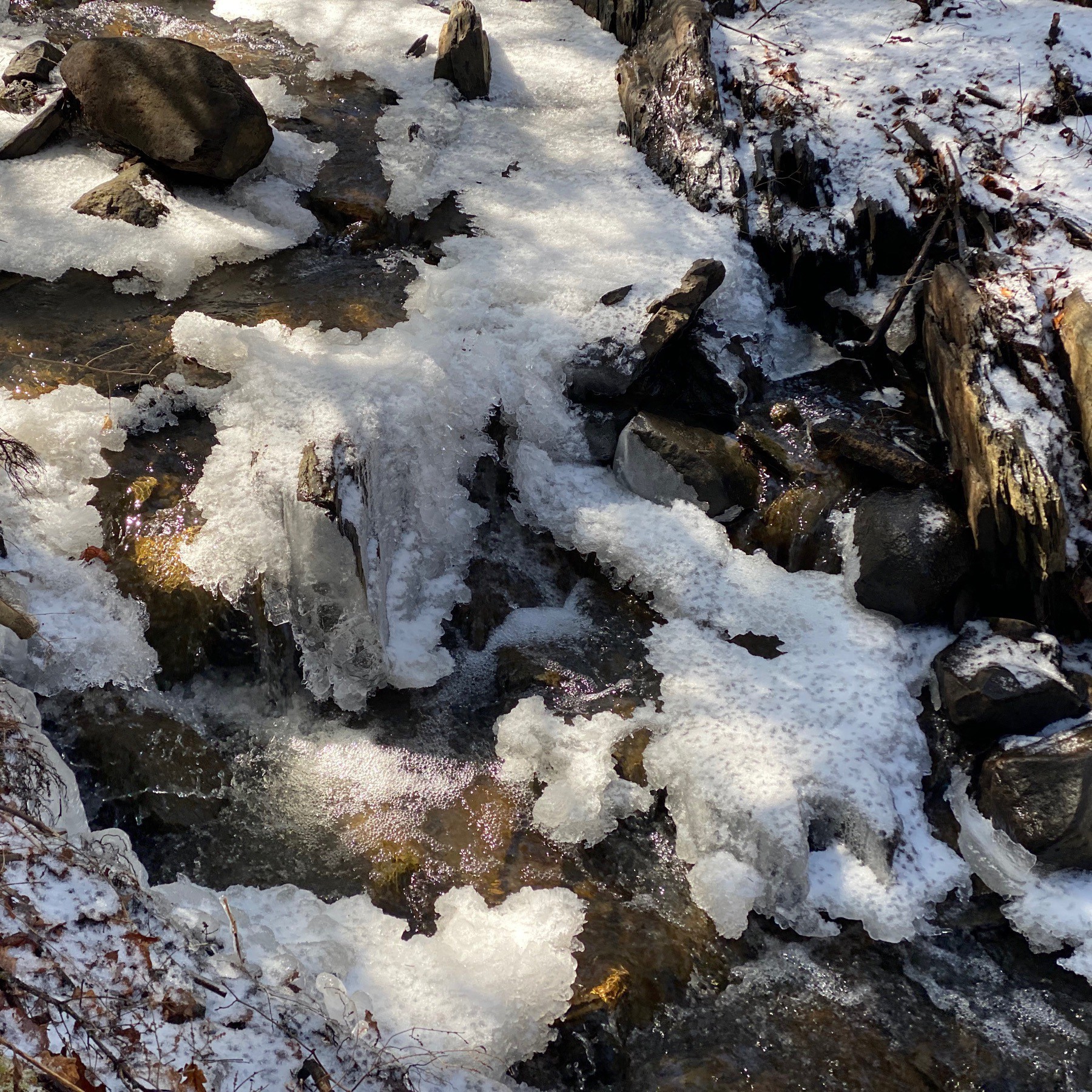Frozen snow and flowing water in stream.