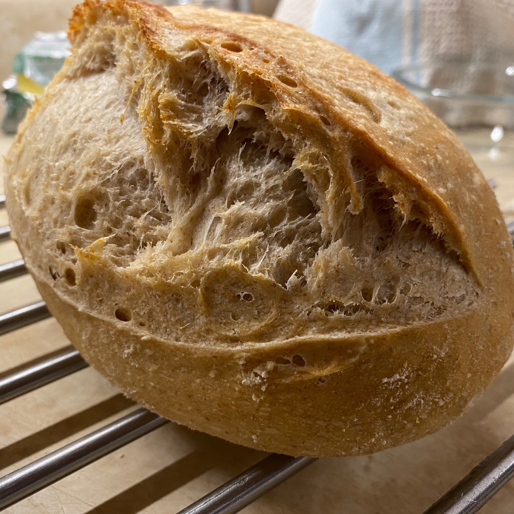 Rustic sourdough loaf up close.