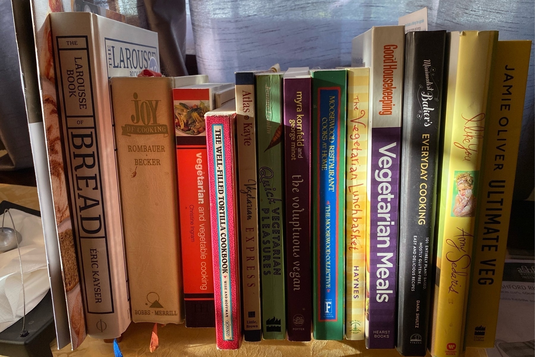 A row of cookbooks of various sizes lined up side by side with sunlight across them.