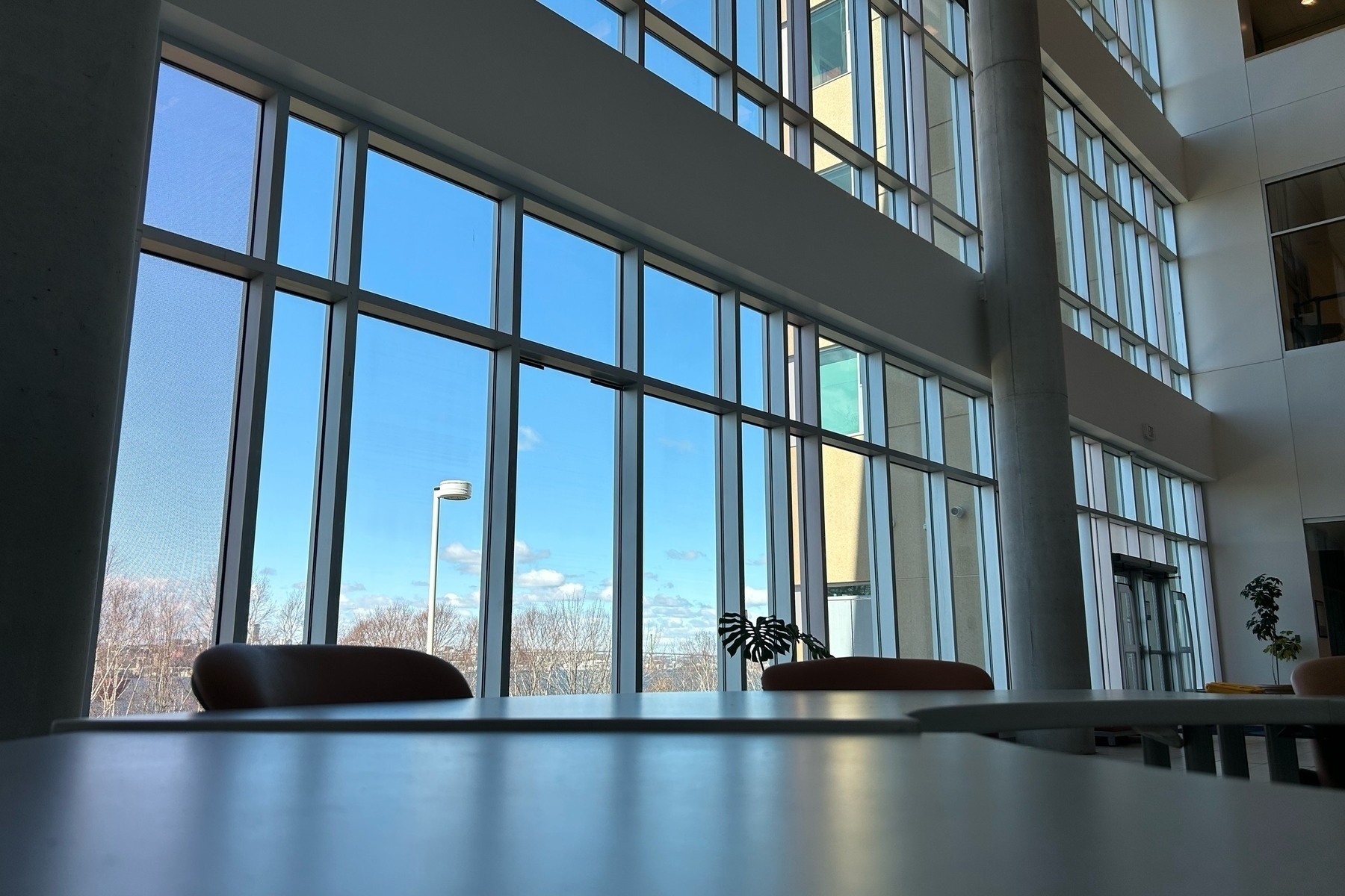 Windows with a blue sky behind them and a grey tabletop in the foreground.