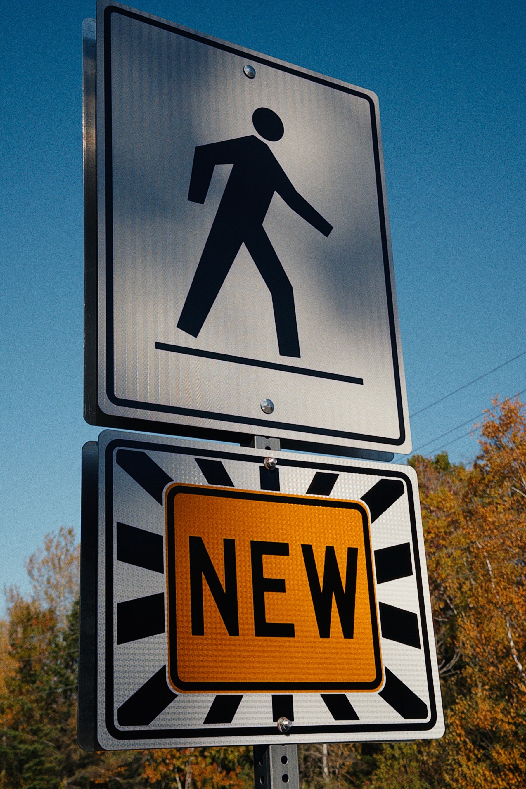 Walk sign with new sign under it on front of a blue sky.