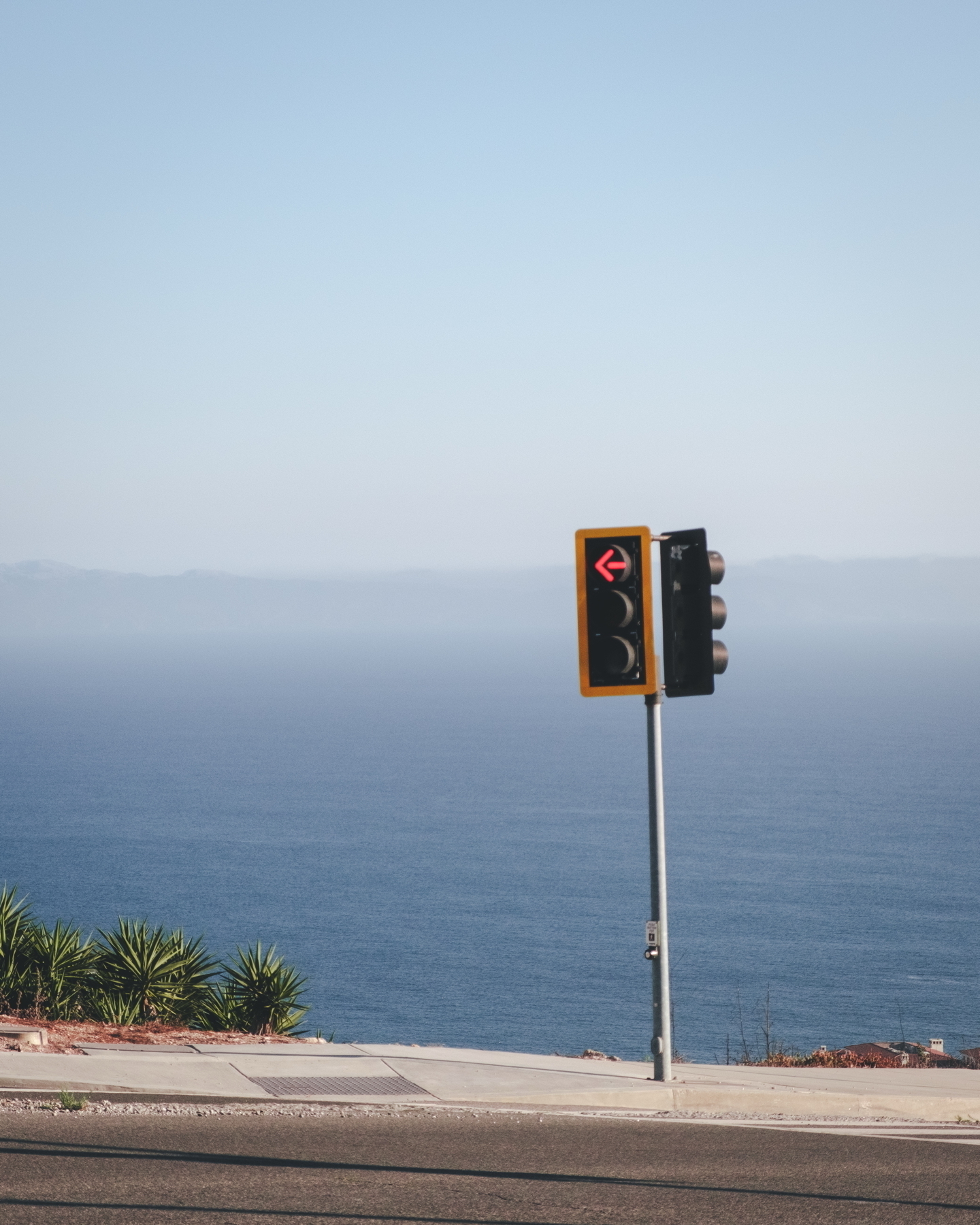 A traffic light with a red left-turn arrow stands against a backdrop of the ocean and a clear blue sky. There are some plants and coastal scenery visible at the edge of the road.