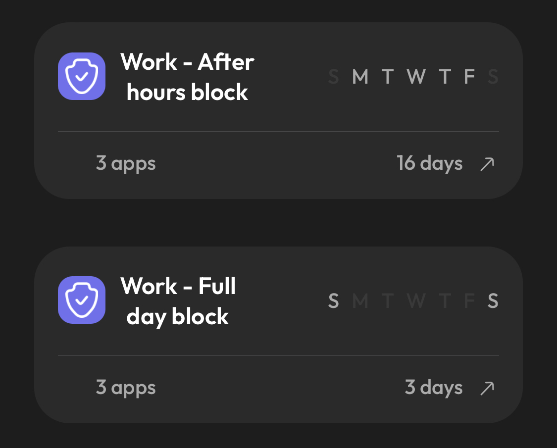 Screenshot of the ScreenZen app with my work time periods for blocking