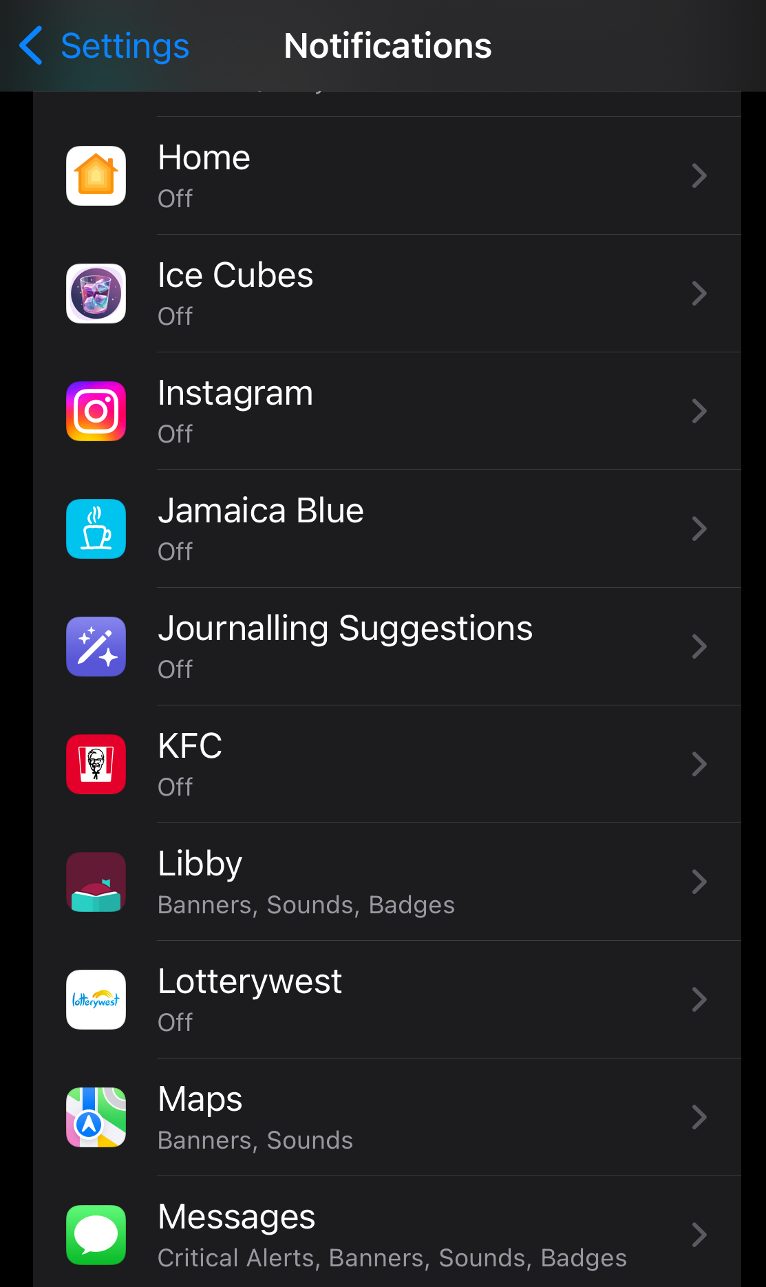 Screenshot of the notifications settings on my phone showing most notifications being 'off'