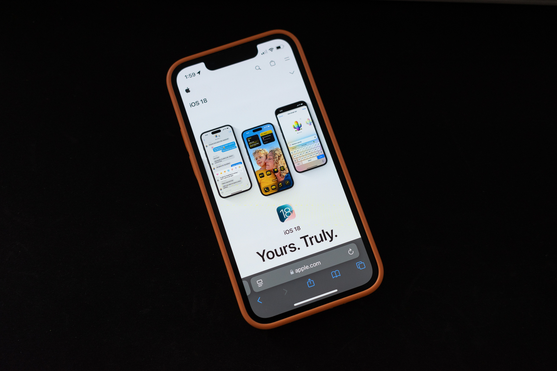 Auto-generated description: A smartphone displaying promotional content for iOS 18 is shown, highlighting various screen features and the text Yours. Truly.